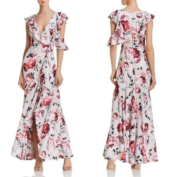 Fame and Partners Beckham Floral Georgette Ruffle Maxi Dress Pink Red White 6 - Picture 1 of 16